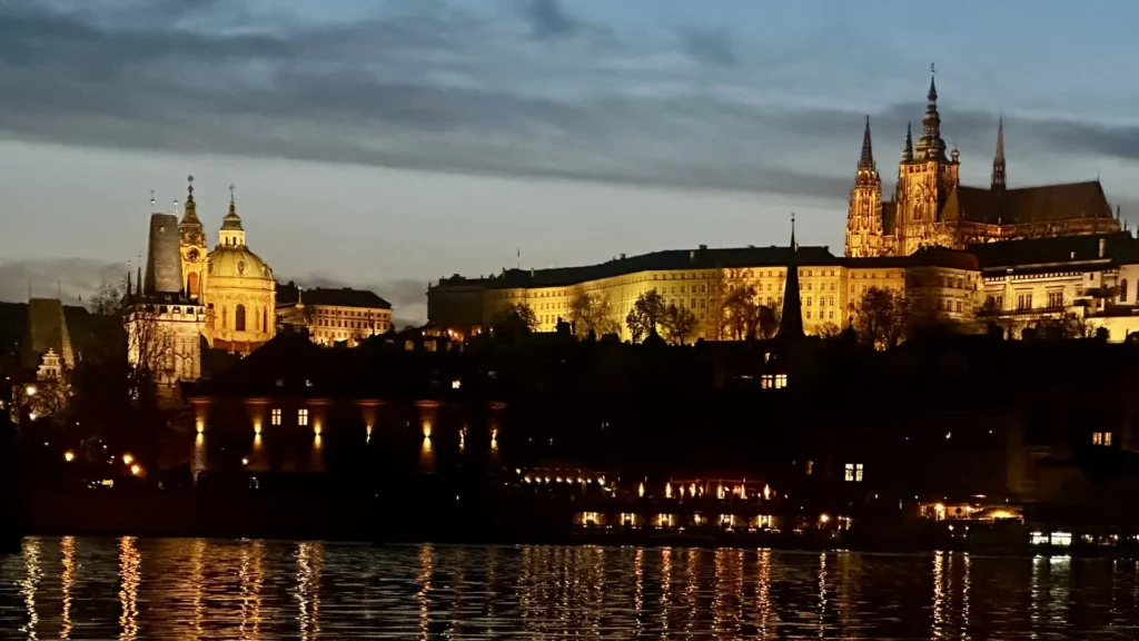 Night view of Prague Castle over the Vltava River