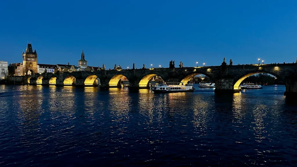 Charles Bridge at night as seen from Manes Bridge